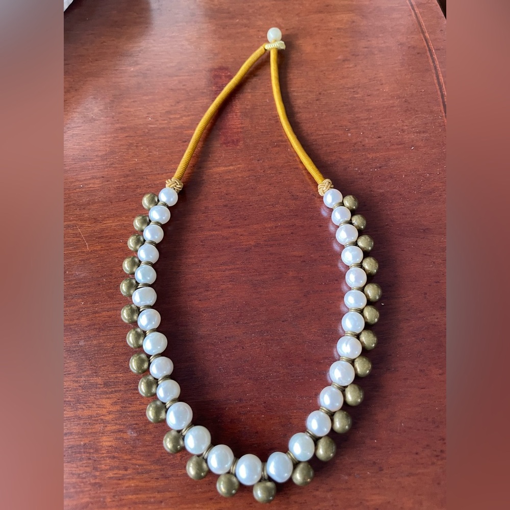 Freshwater Pearls & Brass Beads Statement Necklace Choker with Mustard cord